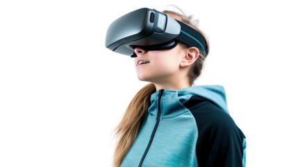 a teenage caucasian girl using a vr virtual reality headset isolated on a transparent background, generative ai