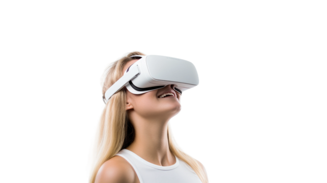 a teenage caucasian girl using a vr virtual reality headset isolated on a transparent background, generative ai - Powered by Adobe
