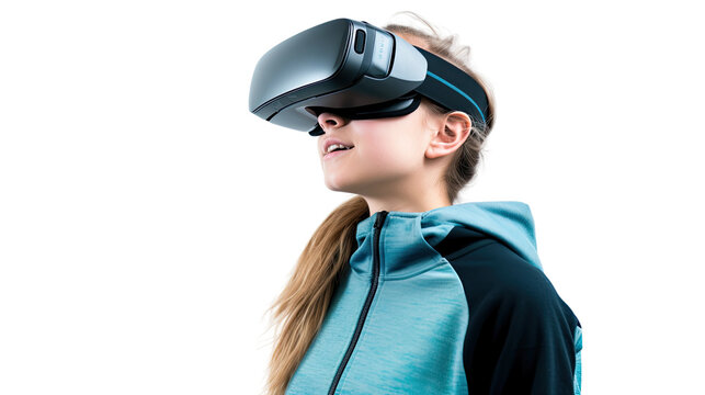 a teenage caucasian girl using a vr virtual reality headset isolated on a transparent background, generative ai - Powered by Adobe
