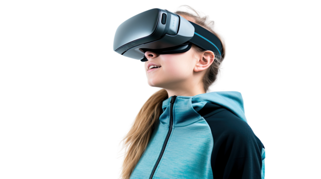 a teenage caucasian girl using a vr virtual reality headset isolated on a transparent background, generative ai - Powered by Adobe