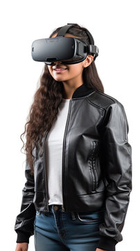 a teenage hispanic girl using a vr virtual reality headset isolated on a transparent background, generative ai
