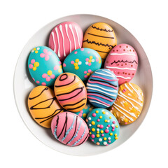 Fototapeta na wymiar Plate of Colorful Easter Egg Cookies Isolated on a Transparent Background