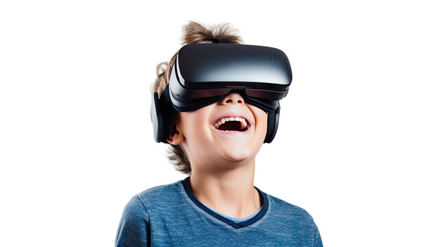 a young caucasian male child using a vr virtual reality headset isolated on a transparent background, generative ai