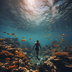 beautiful free diving on blue ocean background