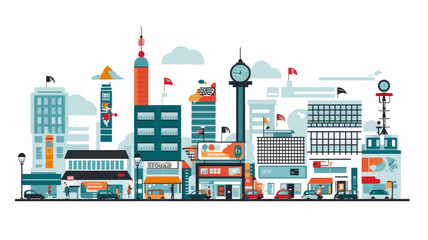 City illustration. Towers and buildings in modern flat style on white background.Generative ai