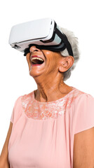 an elderly hispanic woman using a vr virtual reality headset isolated on a transparent background, generative ai
