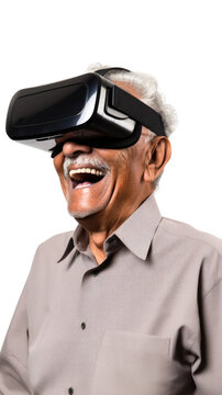 an elderly hispanic man using a vr virtual reality headset isolated on a transparent background, generative ai