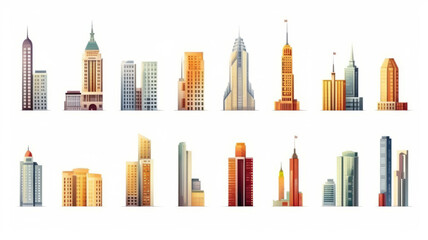 Set of different skyscraper buildings isolated on white.Generative ai