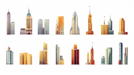 Foto op Plexiglas Set of different skyscraper buildings isolated on white.Generative ai © JKLoma
