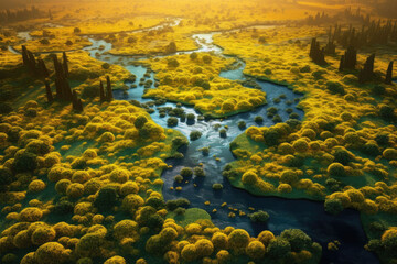 Naklejka premium Colza fields with azure river in the middle. Aerial view. Generative AI