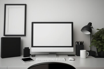 for your site and app design presentation, a mock-up template of a white blank desktop and tablet screen is shown on the left in a stylish black workspace with a cluttered desk in a three-quarter view