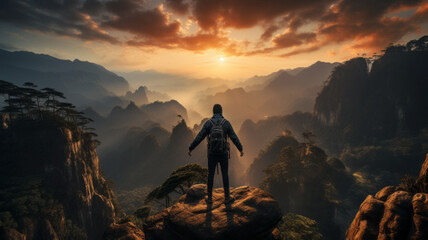 a man tourist is standing,After successfully conquering the peak,mountain,Zhangjiajie.generative ai