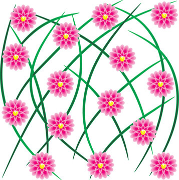 Pink flowers with gradient and green grass on white background