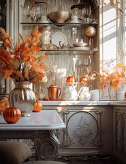 Obraz na płótnie Canvas a dining room with pumpkins and glassware on the shelves in the centerpiece is an antique china cabinet