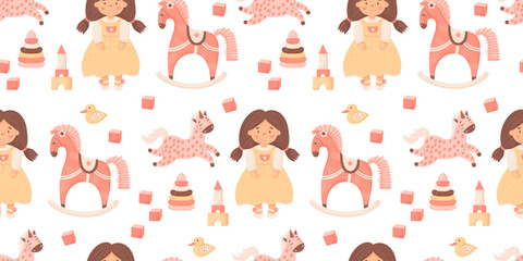 Children toys seamless pattern. Cute doll toy girl with ponytails, rocking horse and unicorn, duck, cubes and pyramid on white background. Vector kids horizontal illustration in cartoon style.
