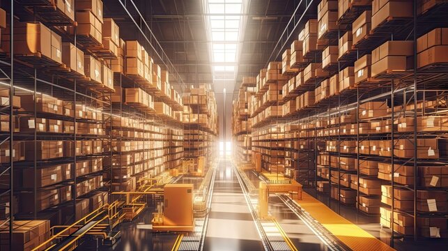 the inside of a large warehouse with lots of boxes and pals on shelves 3d rendering illustration stock images, royalty free stock photos