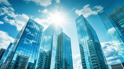 glass buildings with cloudy blue sky background generative ai