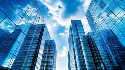 Fototapeta na wymiar glass buildings with cloudy blue sky background generative ai