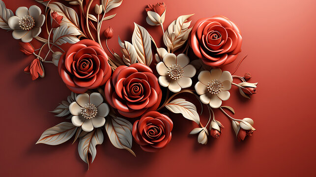 3d mural wallpaper with red, rose simple floral painting light gray background. drawing modern flowers decor