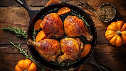 roasted chicken in a cast iron skill pan on a rustic wooden table with pumpkins, rosemary and thylings