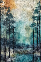 A tranquil forest landscape grunge style poster art.