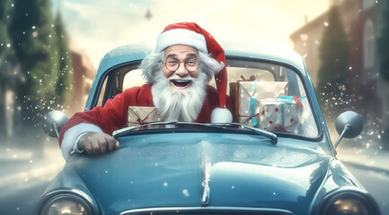 Santa Claus on a retro car carrying Christmas presents on a blue background with snow.