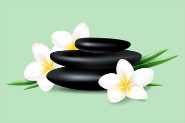 Vector illustration of tropical spa and resort. Some basalt hot stones for massage and exotic plumeria flowers.