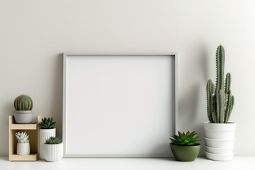 Mockup of an empty wall for art, text or design, a desk, a simple interior, books, and a plant. Generative AI