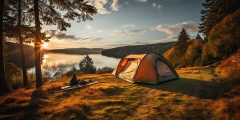 AI Generated. AI Generative. Camping relaxation time tent at lake beautiful landscape background. Adventure vacation rafting time. Graphic Art