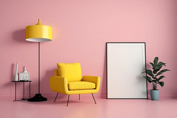 A yellow recliner, lamp, table, and empty frame hang on a pink wall. Generative AI