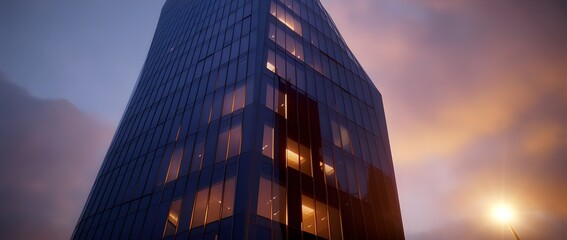 From below of entrance of office building next to contemporary high rise structures with glass mirrored walls