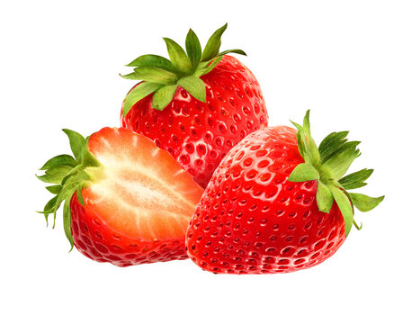 Fresh summer berries. Juicy strawberry fruits isolated on transparent background, PNG