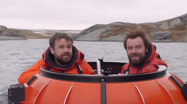 A small submersible bathyscaphe with two businessmen is exploring the depths of the ocean