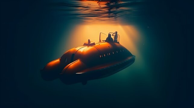 A small submersible bathyscaphe is exploring the depths of the ocean