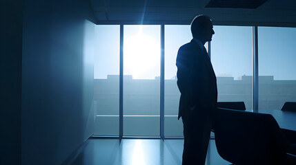 Fototapeta premium Silhouette of a businessman at sunset in a modern office overlooking the city.