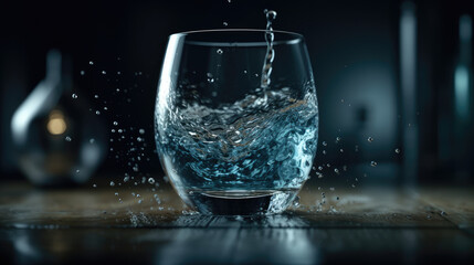 water drop splash in a glass blue colored.