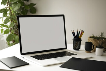Artist's workshop model laptop with blank screen. Generative AI