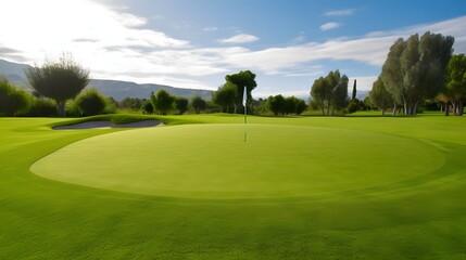 Obraz premium Golf course with beautiful sky. Scenic panoramic view of golf fairway.
