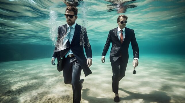 Two Young businessmen in suit swimming