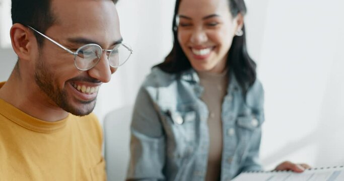 Payment, finance and couple with documents for budget, online banking and insurance savings. Fintech, planning and happy man and woman with bills on computer for home mortgage, taxes and investment
