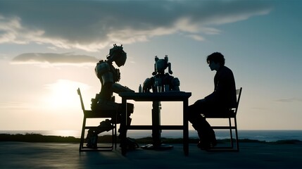 Artificial intelligence technology futuristic neural network, chess competition.