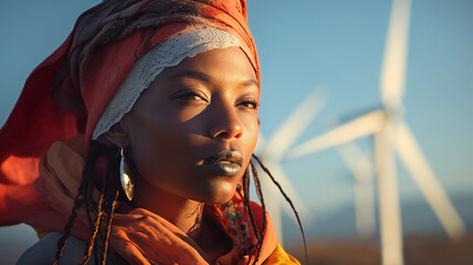 Black Woman standing in front of wind turbine, business woman, CSR, company social responsability, ecology, future, energy, reneweable energies, clean electricity, global warming, climate change