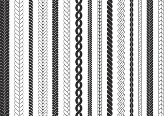 Braid lines brushes. Braided frames, knit texture seamless pattern. Rope or plait designs elements. Cord decoration border decent vector graphic set