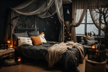 Dark bedroom decorated for Halloween