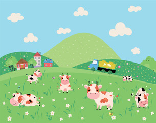 Farm nature landscape. Cartoon cow on green meadow, milk truck and tiny village houses. Dairy products delivery, cute cows nowaday vector scene