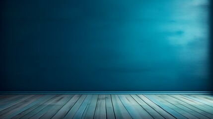 Blue turquoise empty wall and wooden floor with interesting with glare from the window. Interior background for the presentation, AI generated.