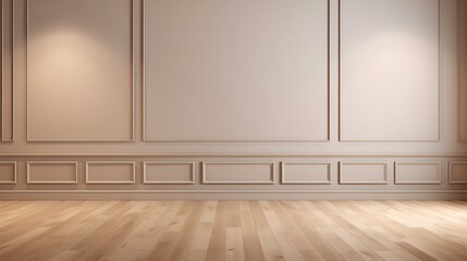 Light brown empty wall with decorative paneling and wood flooring with interesting light reflections. Background for the presentation, AI generated.