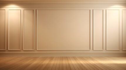 Light brown empty wall with decorative paneling and wood flooring with interesting light reflections. Background for the presentation, AI generated.