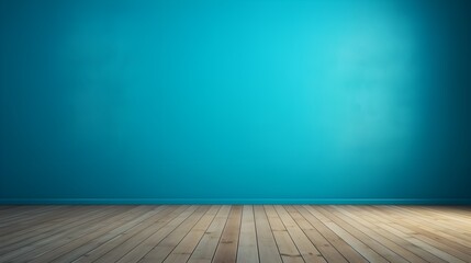 Blue turquoise empty wall and wooden floor with interesting with glare from the window. Interior background for the presentation, AI generated.