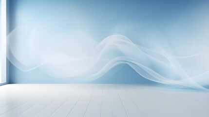 A beautiful abstract modern light blue backdrop for a product presentation with a smooth floor and trailing smoke, AI generated.